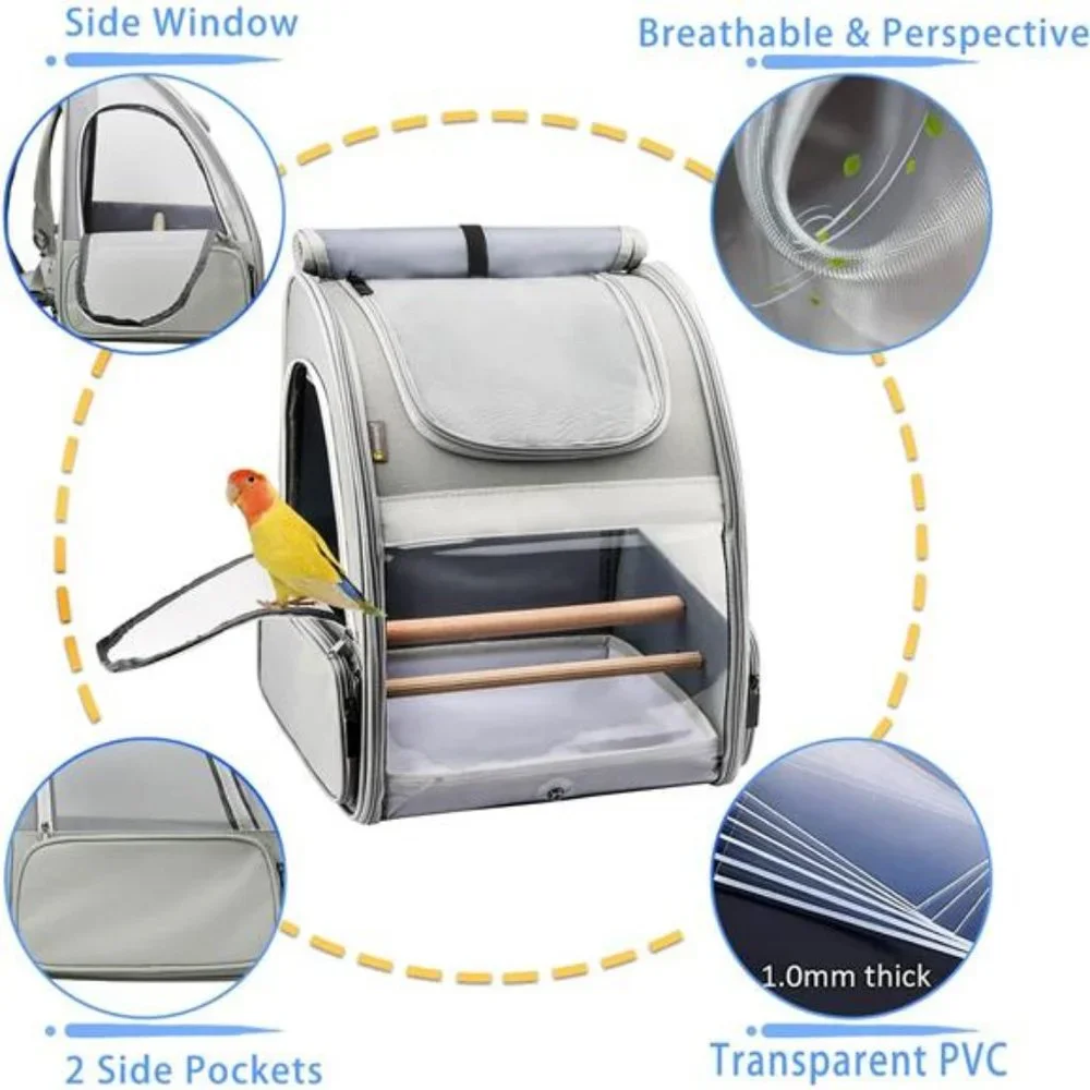 Bird Carrier Backpack - Pet Travel Cage with Upgraded Tray and Standing Perches